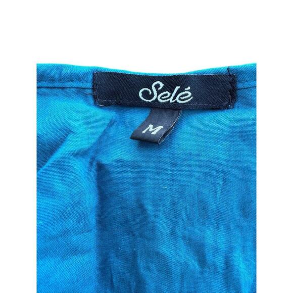 Selé Teal Blue High Rouched Waist Collared Blouse 97% Cotton 3% Spandex‎ Medium - Picture 2 of 8